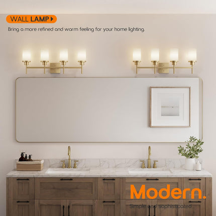AONEON Wall Light Fixtures 4-Light Over Mirror, Gold Vanity Lights with White Fr
