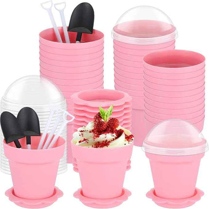 50 Pack Flowerpot Dessert Cup Plastic Cake Cups with Lid Shovel Spoon Bottom Tra