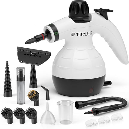 TICYACK Handheld Steam Cleaner with 16 Accessories, 1050W Continuous Steam, Chemical-Free Multi-Surface Cleaning, White