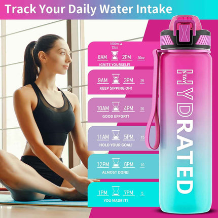 QLUR Water Bottle with Straw, 32oz Sports Motivational Water Bottle with Time Ma