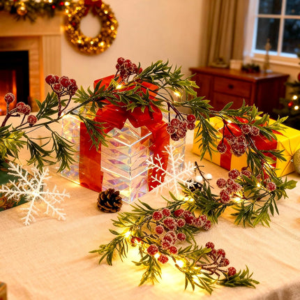 Christmas Garland with Light,Lighted Snowy Red Berries Holly Leaves Garland for