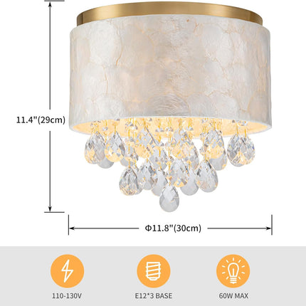 LumFurn 3-Light Drum Capiz Shell K9 Crystal Ceiling Light, Coastal Flushmount Li
