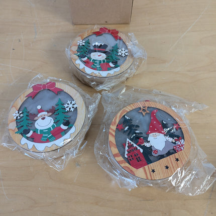 Set of 3, Light up Christmas Decoration Wooden Hanging Christmas Ornament (Round