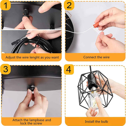 CADELON Black Pendant Light, Industrial 3 Light Pendant Lighting, Cage Metal Far