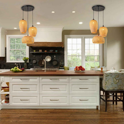 AOODU Rustic Rattan Pendant Light Fixture Farmhouse Bamboo Lighting fixtures 3-L