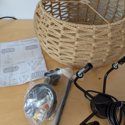 19" Rattan Chandelier, 5‑Light Boho Chandelier Light Fixture with Hand-Woven Wic