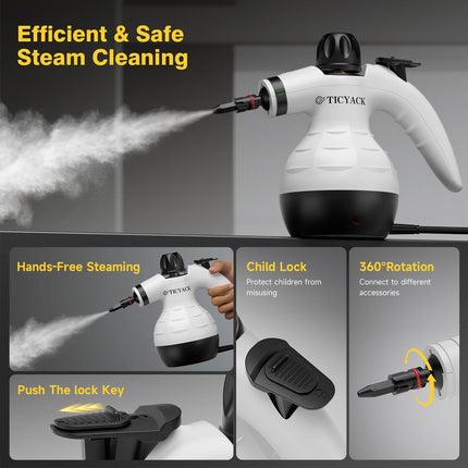 TICYACK Handheld Steam Cleaner with 16 Accessories, 1050W Continuous Steam, Chemical-Free Multi-Surface Cleaning, White