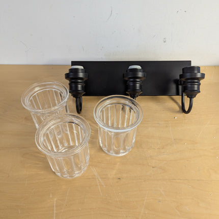 HWH 3-Light Matte Black Bathroom Vanity Light, 18 in Wall Fixture with Fluted Clear Glass Shades, ETL Listed