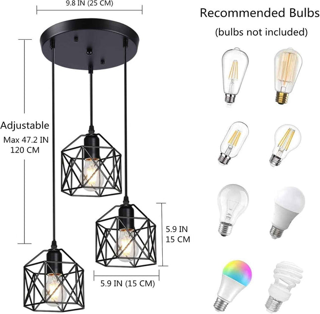 CADELON Black Pendant Light, Industrial 3 Light Pendant Lighting, Cage Metal Far