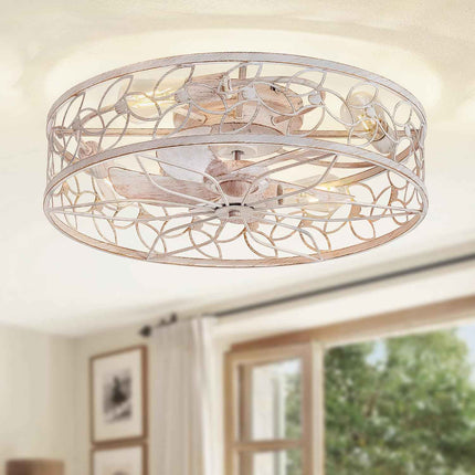 LEDIARY 23 Inch Caged Ceiling Fans with Lights, White Flush Mount Ceiling Fan wi