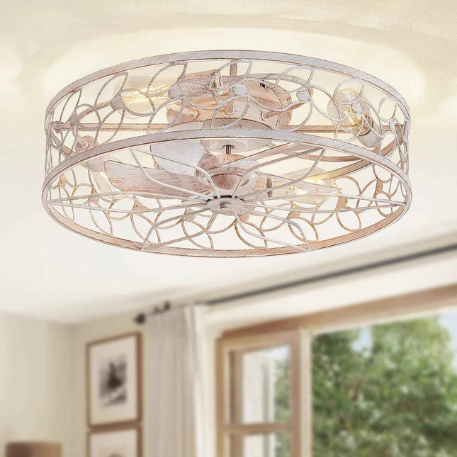 LEDIARY 23 Inch Caged Ceiling Fans with Lights, White Flush Mount Ceiling Fan wi