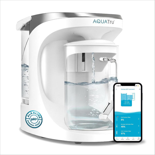 AquaTru Carafe Smart Alkaline Countertop Water Purifier, 4-Stage Reverse Osmosis Filter for PFAS & 80+ Contaminants