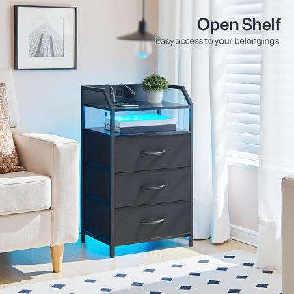 HOOBRO Nightstand with Charging Station, Bedside Table with AC Outlet, USB & Type-C, LED Light Strip, Fabric Drawer