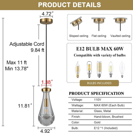 TACDANDM 4.92'' Gold Clear 1-Light Teardrop Glass Pendant Light Adjustable Moder
