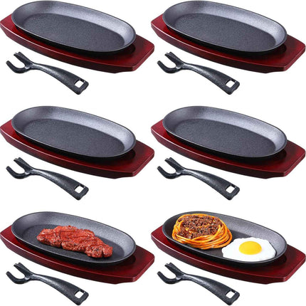 Mifoci 6 Pcs Oval Cast Iron Fajita Skillet Pan Set Small Sizzling Steak Plate wi