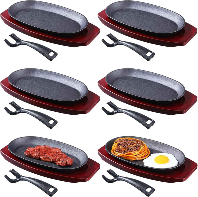 Mifoci 6 Pcs Oval Cast Iron Fajita Skillet Pan Set Small Sizzling Steak Plate wi