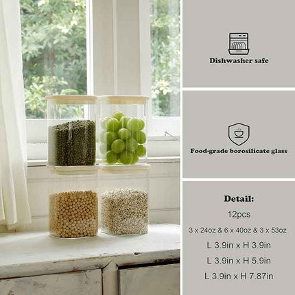 CozNido 12pcs Square Pantry Glass Jars with Clear Airtight Lids Kitchen Canister