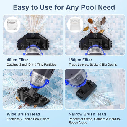 Sharkswell (2025 Upgraded) Cordless Pool Vacuum with Telescopic Pole,60 Min Powe