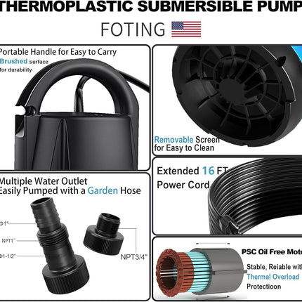 FOTING 3/4HP Automatic Submersible Sump Pump, 3500 GPH Thermoplastic Water Pump with 28 ft Lift & Sensor