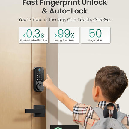 DESLOC B200 Fingerprint Smart Lock with 2 Lever Handles, Keyless Entry Deadbolt with App, Code & Key, IP54
