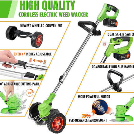 MUKHSIN Battery Powered Weed Wacker with Wheels, 650W Cordless Grass Trimmer, Telescopic Pole, 3-in-1 Blades (No Gloves)