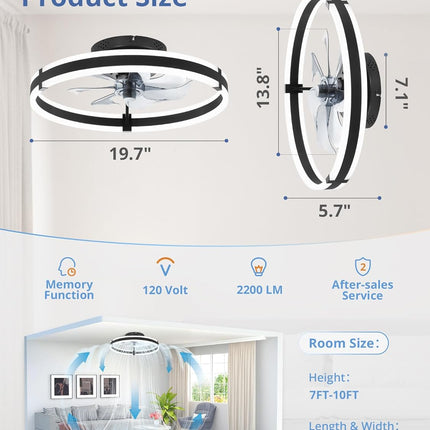 Ceiling Fans with Lights and Remote, 19.7'' Low Profile Ceiling Fans, 3000-6000K