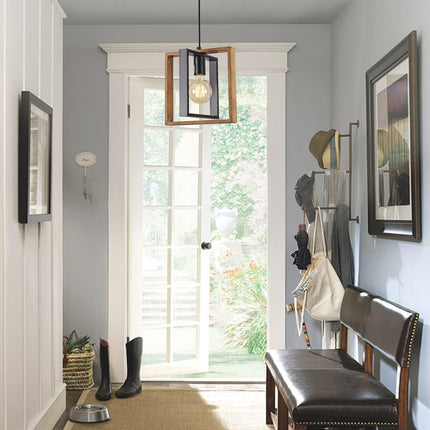 Black Farmhouse Pendant Light,1-Light Small Chandelier,Wood Dining Room Light Fi