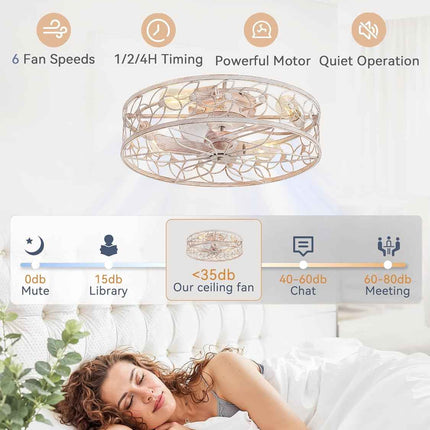 LEDIARY 23 Inch Caged Ceiling Fans with Lights, White Flush Mount Ceiling Fan wi