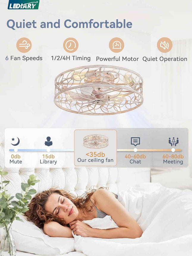 LEDIARY 23 Inch Caged Ceiling Fans with Lights, White Flush Mount Ceiling Fan wi