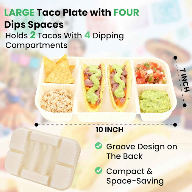 4-Compartment Disposable Taco Plates for 2 Tacos & 4 Sides | Extra-Deep Raised E