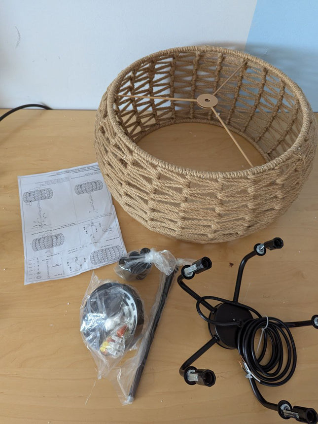 19" Rattan Chandelier, 5‑Light Boho Chandelier Light Fixture with Hand-Woven Wic