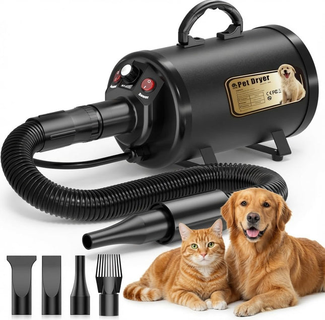 PETNF 3.2HP High Velocity Dog Dryer with 4 Nozzles, Adjustable Speed & Heat Pet Grooming Blower, 73 in Hose