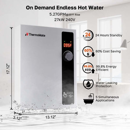 ThermoMate 27kW Electric Tankless Water Heater, 208-240V On Demand Instant Hot Water, 5.27 GPM, Digital Temperature Control