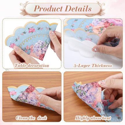 Dandat 100 Pcs Floral Tea Party Napkins 3 Ply Disposable Vintage Flower Guest