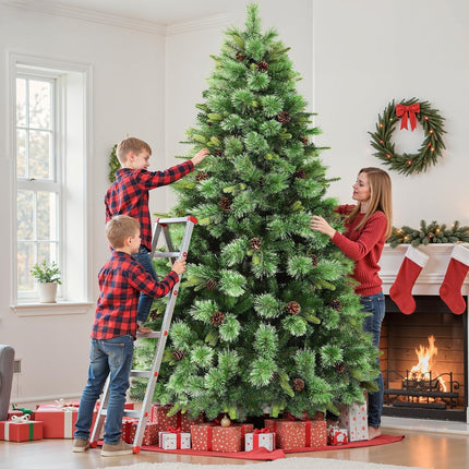 SHareconn 7 ft Pre-Lit Artificial Hinged Christmas Pine Tree with Remote, 100 LED Warm White and Multi-Colour Lights
