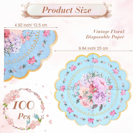 Dandat 100 Pcs Floral Tea Party Napkins 3 Ply Disposable Vintage Flower Guest