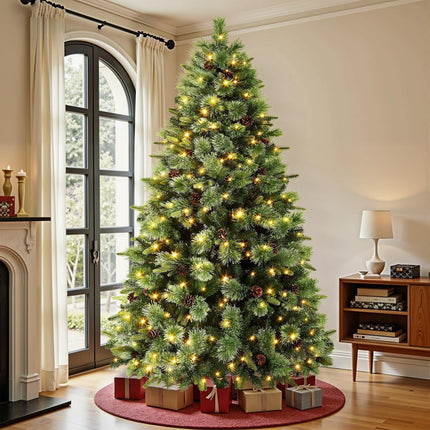 SHareconn 7 ft Pre-Lit Artificial Hinged Christmas Pine Tree with Remote, 100 LED Warm White and Multi-Colour Lights