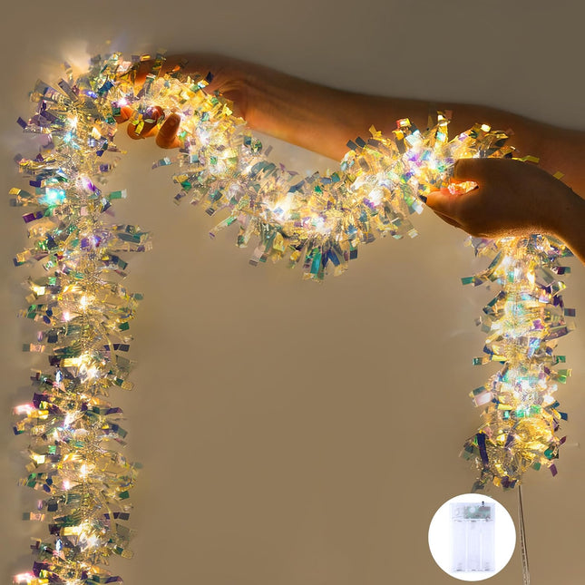 Christmas Tinsel Garland Iridescent Metallic Foil Garland Battery Powered String