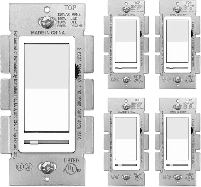 [5 Pack] BESTTEN Dimmer Wall Light Switch, Compatible with Dimmable LED, CFL, In
