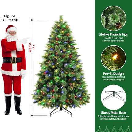 SHareconn 7 ft Pre-Lit Artificial Hinged Christmas Pine Tree with Remote, 100 LED Warm White and Multi-Colour Lights