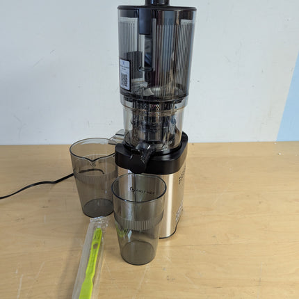 Actual unit: AMZCHEF stainless steel cold press juicer with juice cup, pulp cup and cleaning brush