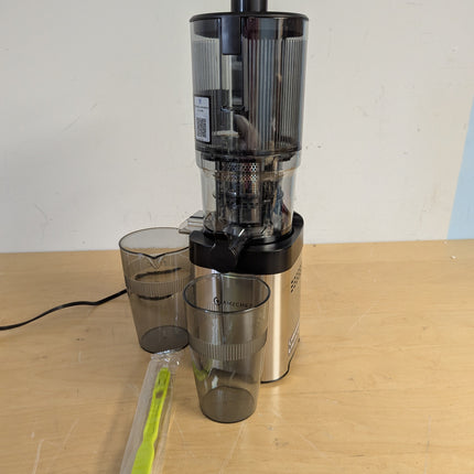 Actual unit: AMZCHEF stainless steel cold press juicer with juice cup, pulp cup and cleaning brush