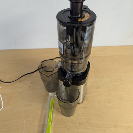 Actual unit: AMZCHEF stainless steel cold press juicer with juice cup, pulp cup and cleaning brush