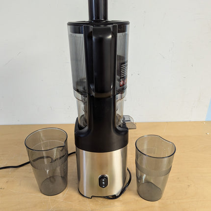 Actual unit: AMZCHEF stainless steel cold press juicer with juice cup, pulp cup and cleaning brush