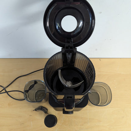 Actual unit: AMZCHEF cold press juicer with juicing bowl, food pusher, juice cup and pulp cup