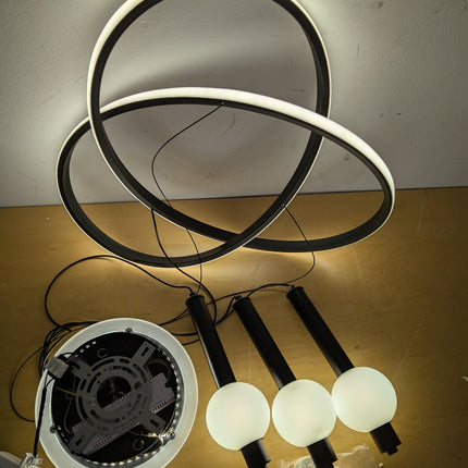 Actual unit: Becailyer LED chandelier rings, three globe pendants and ceiling canopy