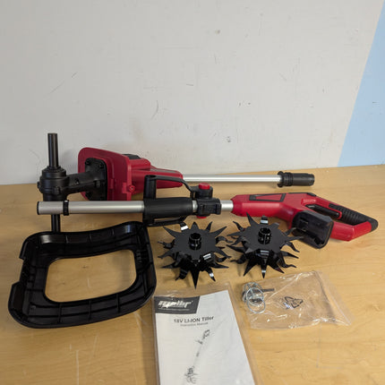 Actual unit: Mellif 18V tiller parts as shipped — shafts, handle, guard, tines, pins, manual