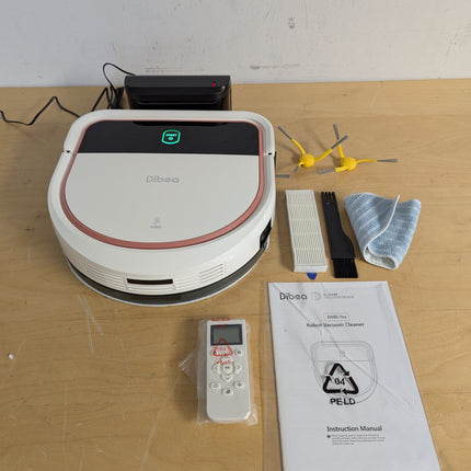Actual unit: Dibea D500 Pro robot vacuum with dock, remote, side brushes, spare filter and mop cloth