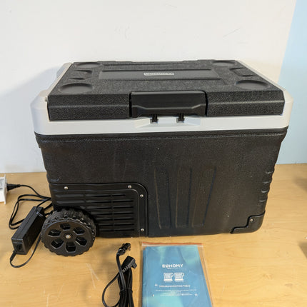 Actual unit: EUHOMY 35 qt car fridge with AC adapter, 12V DC cord and manual