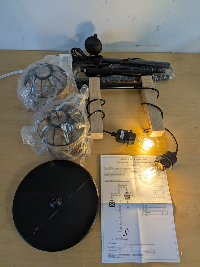 Actual unit: 2-light farmhouse floor lamp with rope cage shades and marble base